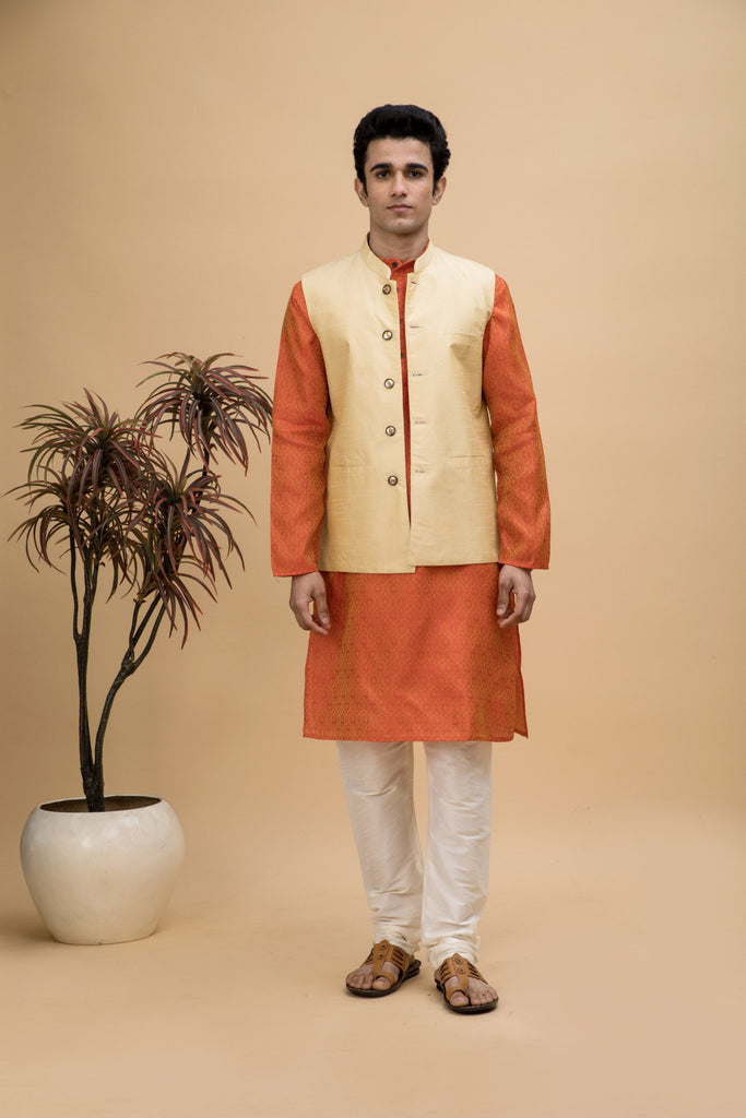 NEUDIS Men Orange Jacquard Silk Blend Long Kurta Pyjama Set With Nehru Jacket
