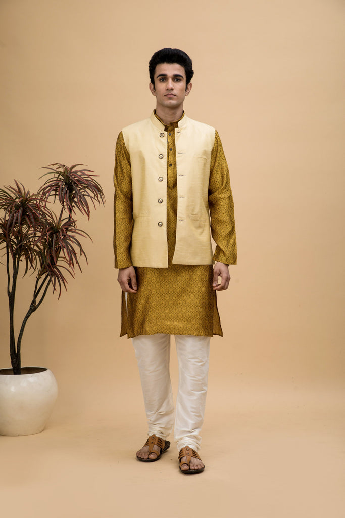 NEUDIS Men Yellow Jacquard Silk Blend Long Kurta Pyjama Set With Nehru Jacket