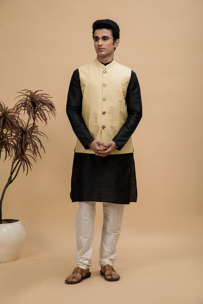 NEUDIS Men Golden Solid Silk Blend Nehru Jacket & Kurta Pajama Set