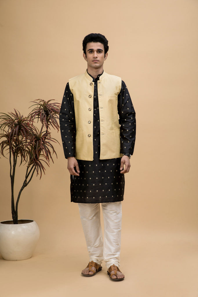 NEUDIS Men Black Jacquard Buti Silk Blend Long Kurta Pyjama Set With Nehru Jacket