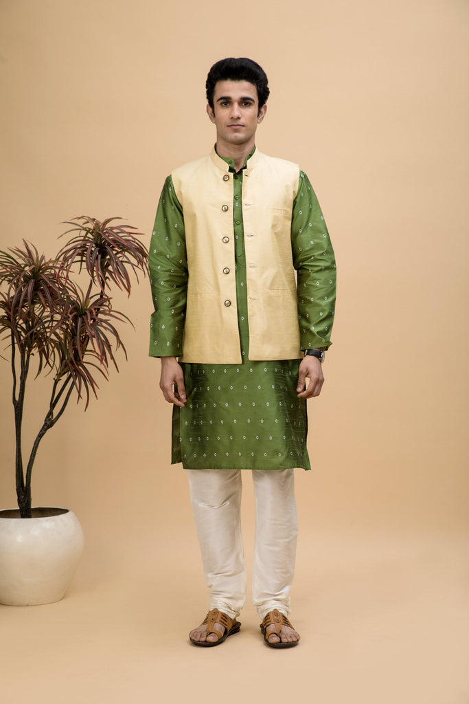 NEUDIS Men Green Jacquard Buti Silk Blend Long Kurta Pyjama Set With Nehru Jacket