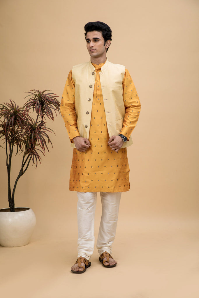 NEUDIS Men Yellow Jacquard Buti Silk Blend Long Kurta Pyjama Set With Nehru Jacket