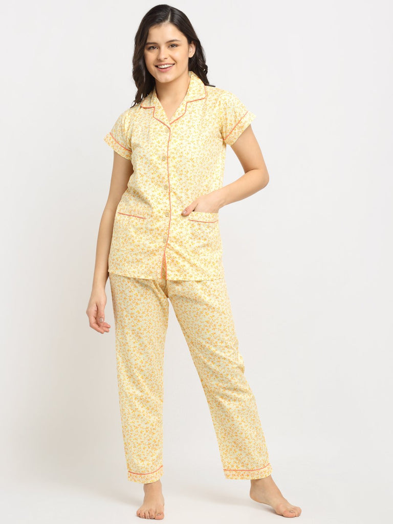 Soft Cotton Floral Print Night Suit For Women - Yellow