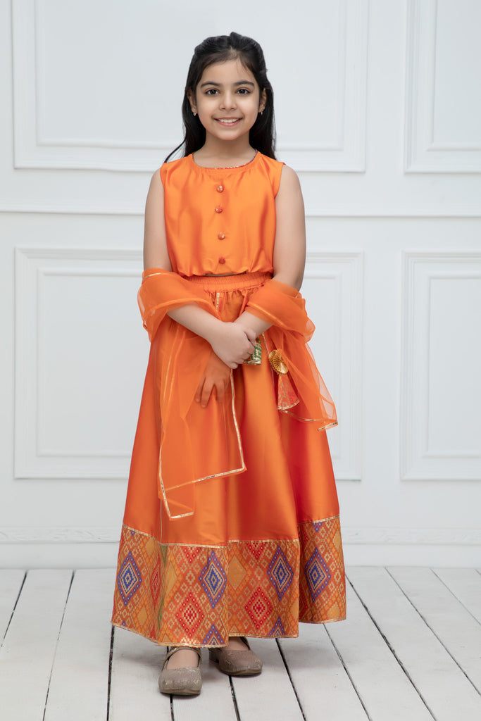 NEUDIS Girls Orange Jacquard Ready to Wear Poly Silk Lehenga & Blouse Set with Net Dupatta