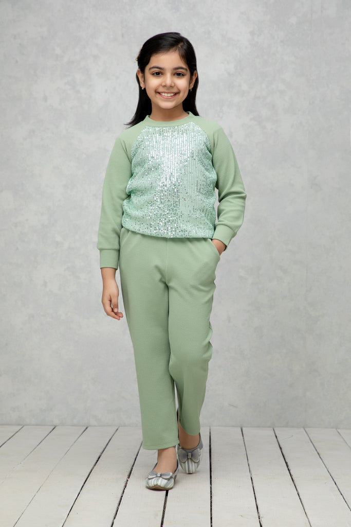 NEUDIS Girls Green Sequin Solid Top & Trouser Co-Ord Set