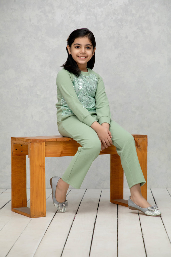 neudis-girls-green-sequin-solid-top-trouser-co-ord-set