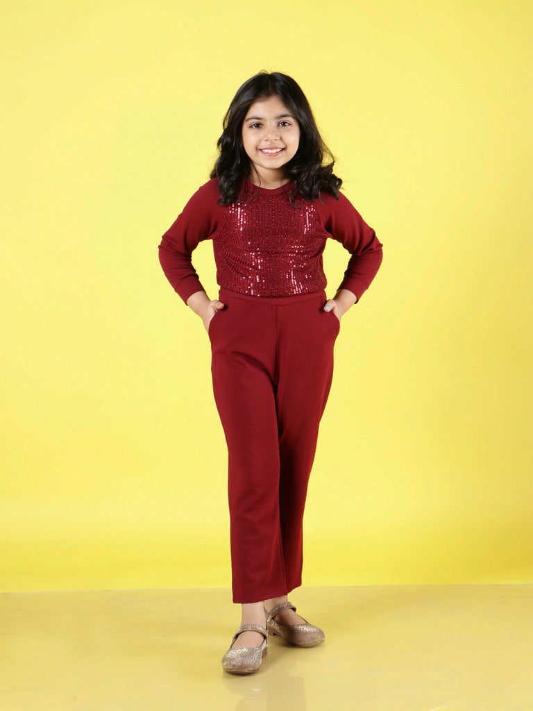 NEUDIS Girls Maroon Sequin Solid Top & Trouser Co-Ord Set