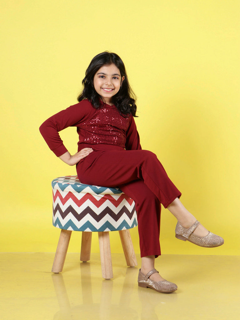 neudis-girls-maroon-sequin-solid-top-trouser-co-ord-set