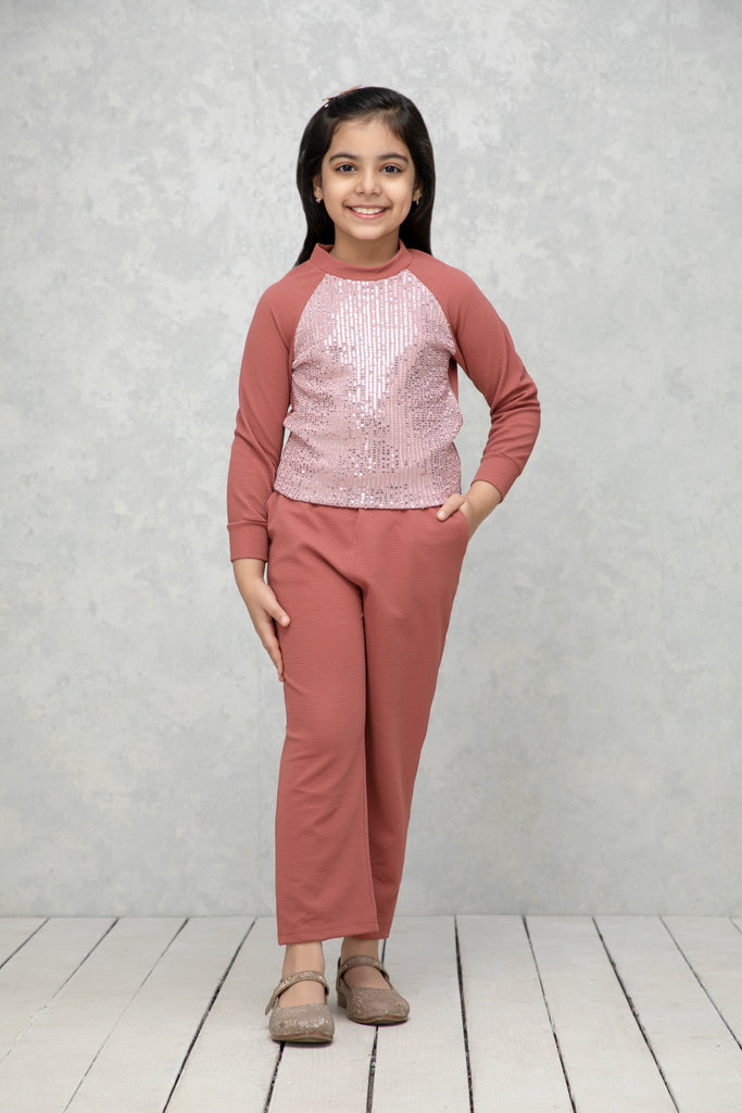 NEUDIS Girls Pink Sequin Solid Top & Trouser Co-Ord Set