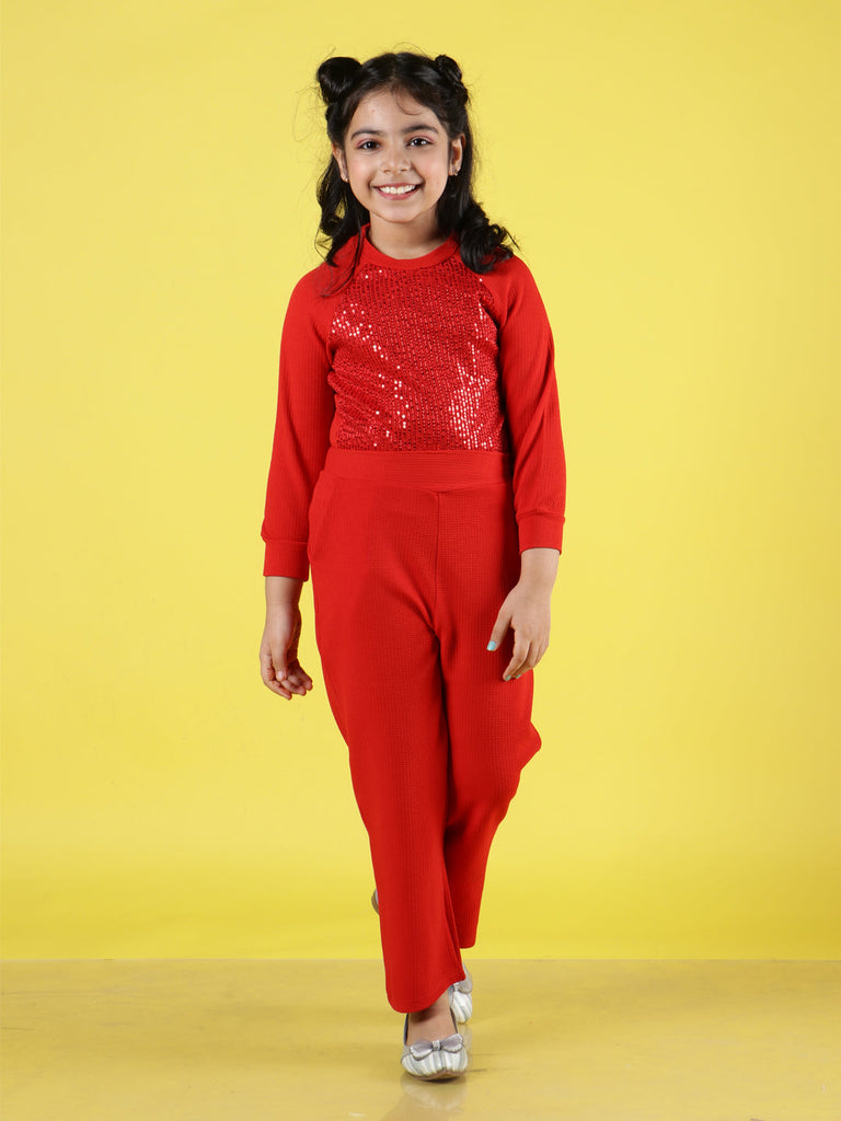 NEUDIS Girls Red Sequin Solid Top & Trouser Co-Ord Set