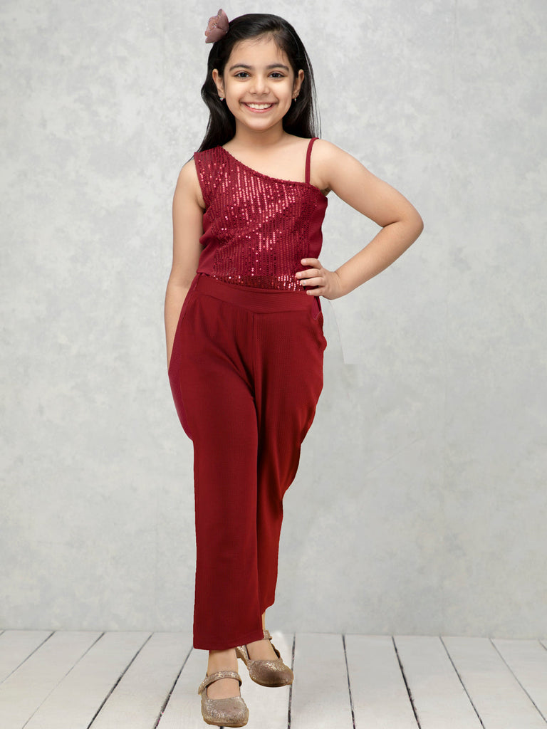 neudis-girls-maroon-one-shoulder-sequin-solid-top-trouser-co-ord-set