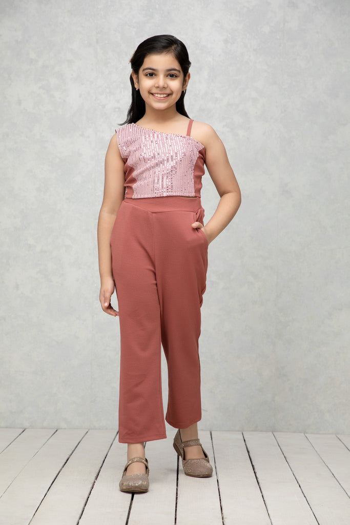 NEUDIS Girls Pink One Shoulder Sequin Solid Top & Trouser Co-Ord Set