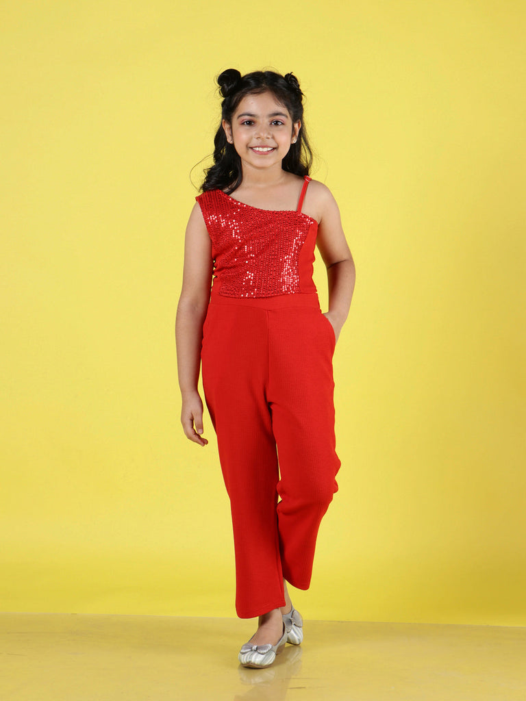 NEUDIS Girls Red One Shoulder Sequin Solid Top & Trouser Co-Ord Set