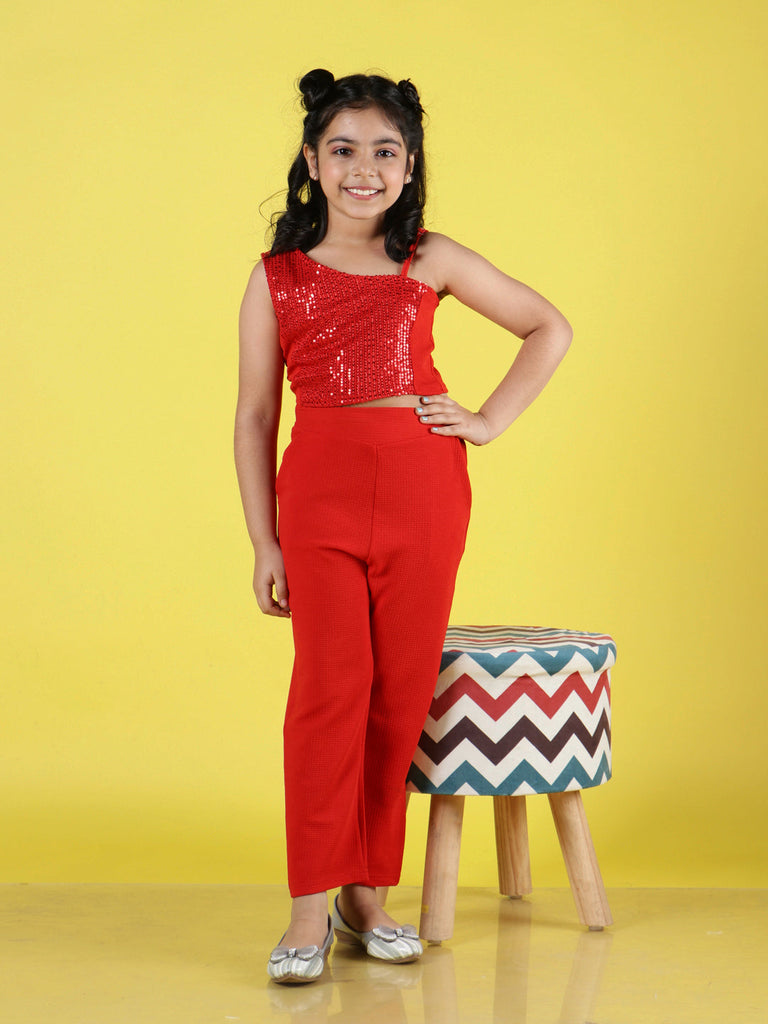 neudis-girls-red-one-shoulder-sequin-solid-top-trouser-co-ord-set