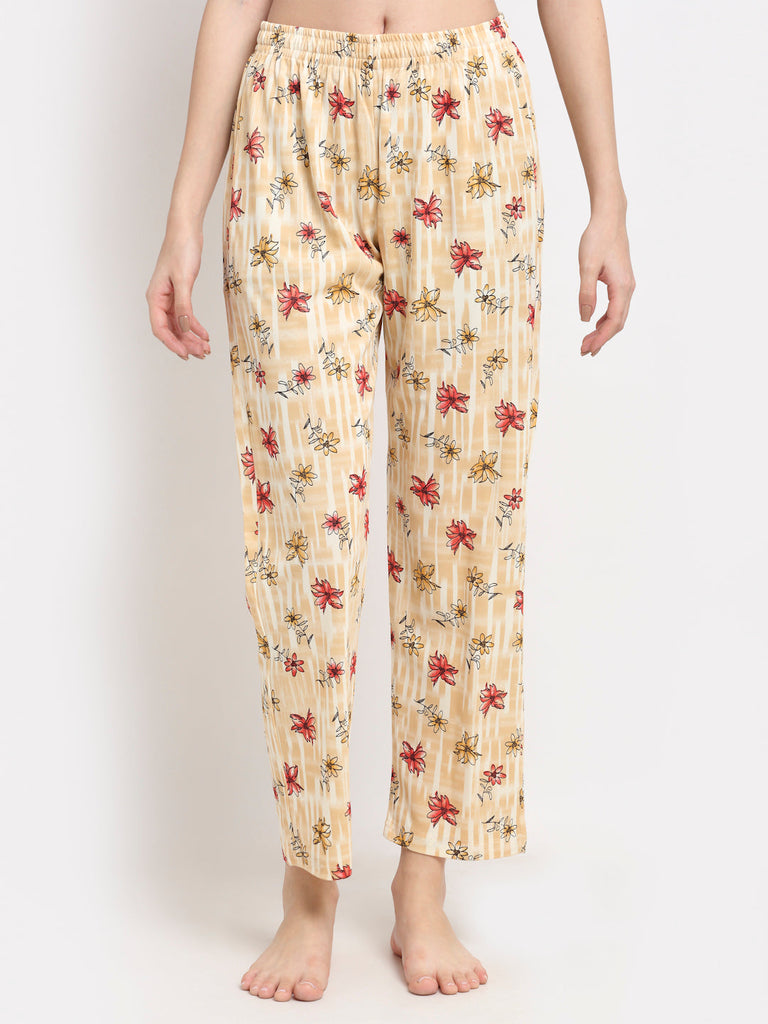 Women Beige Floral Printed Lounge Pants / Lower